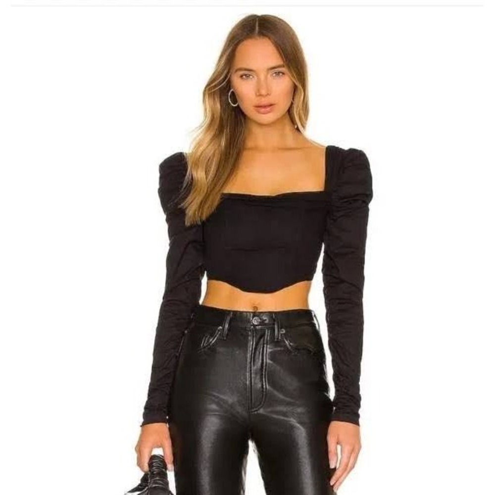 h:ours Corset Mona Top Womens Small Black Puff‎ Sleeve Square Neck Mesh Coquette